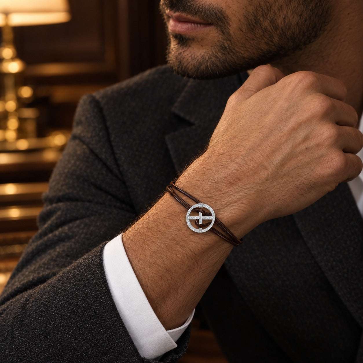 Model wearing the Lesunja Earth Man Silver Bracelet by Lesunja Fine Jewellery – AI-generated visualisation