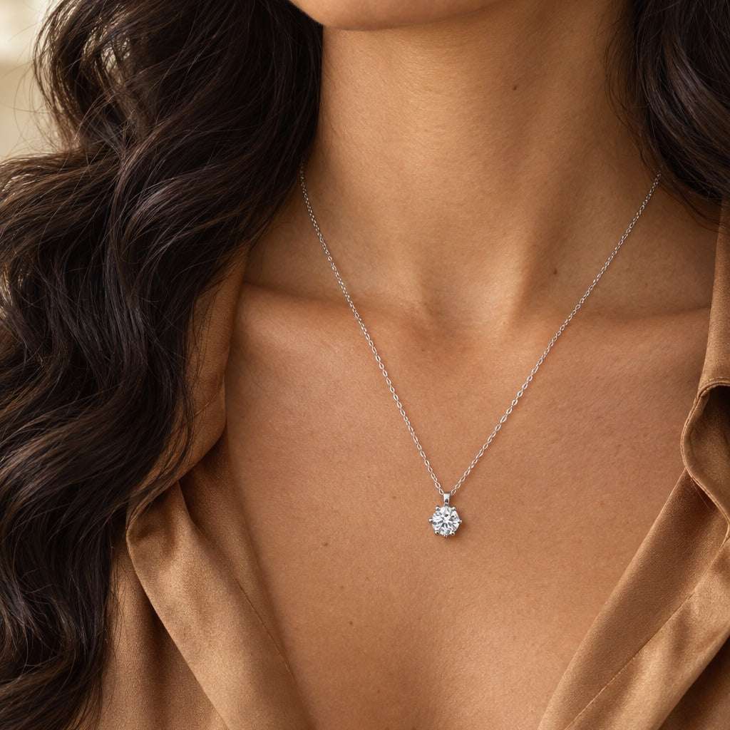 Model wearing the Lesunja 0.3ct. White Diamond Gold Necklace by Lesunja Fine Jewellery – AI-generated visualisation