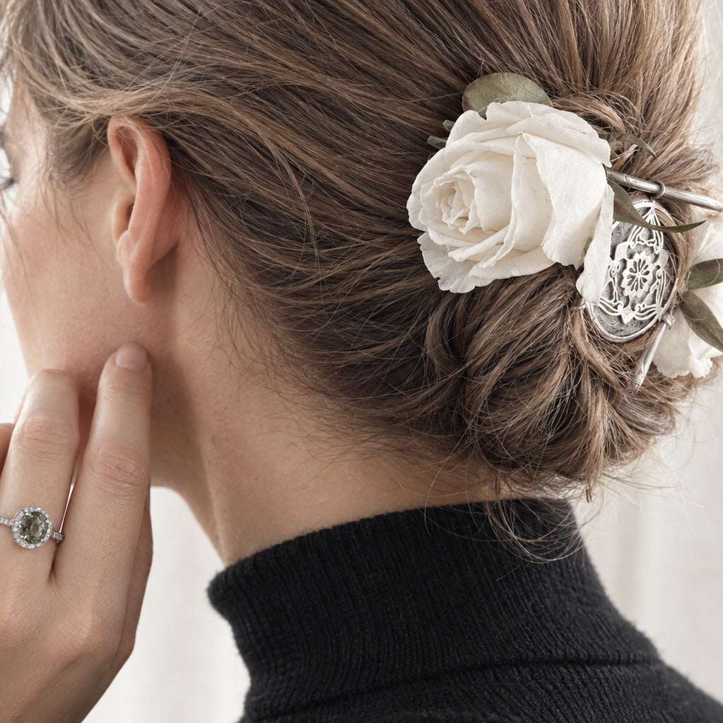 Model wearing the Lesunja Solid Sterling Silver Hair Spiral by Lesunja Fine Jewellery – AI-generated visualisation
