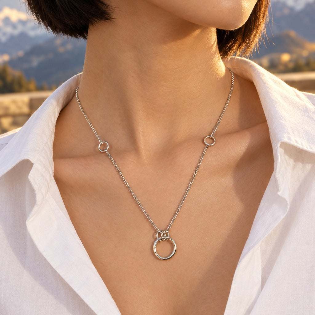 Model wearing the Lesunja Ocean Silver Necklace For Charms by Lesunja Fine Jewellery – AI-generated visualisation