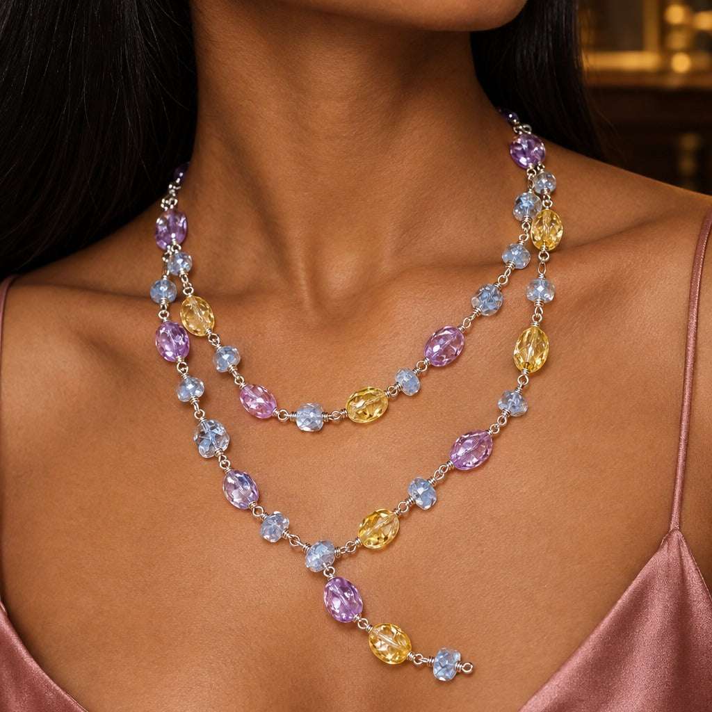 Model wearing the Lesunja Symphonie Of Colours Silver Necklace by Lesunja Fine Jewellery – AI-generated visualisation