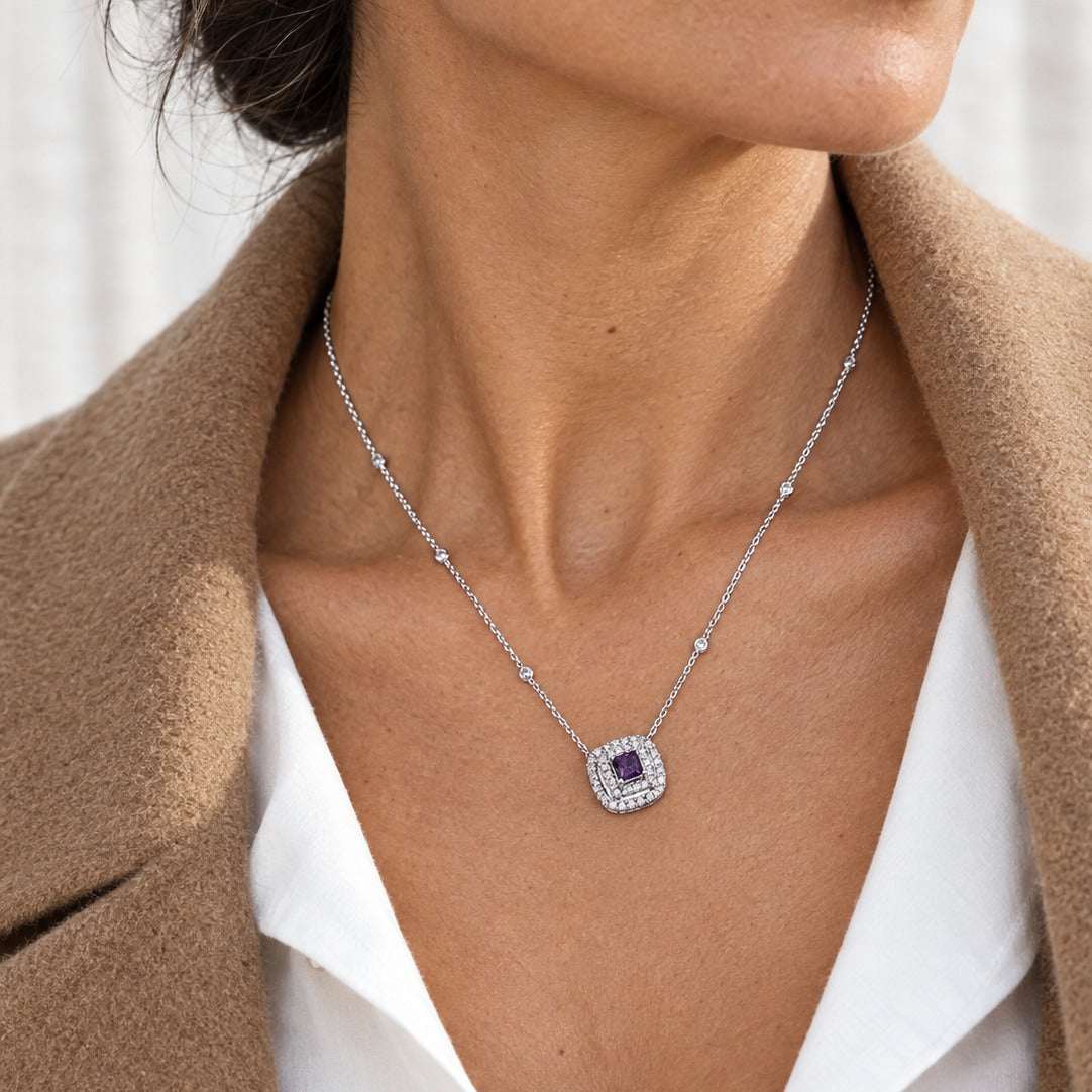 Model wearing the Lesunja Necklace White Gold  Lila & White Diamond by Lesunja Fine Jewellery – AI-generated visualisation