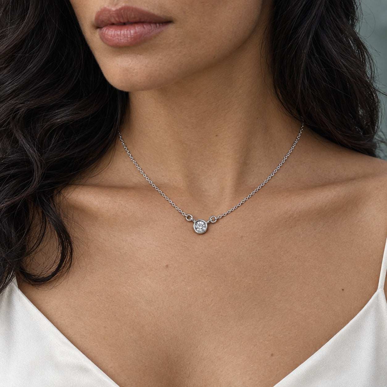 Model wearing the Lesunja Je Veux Joueureuse 18k White Gold Diamond Necklace by Lesunja Fine Jewellery – AI-generated visualisation