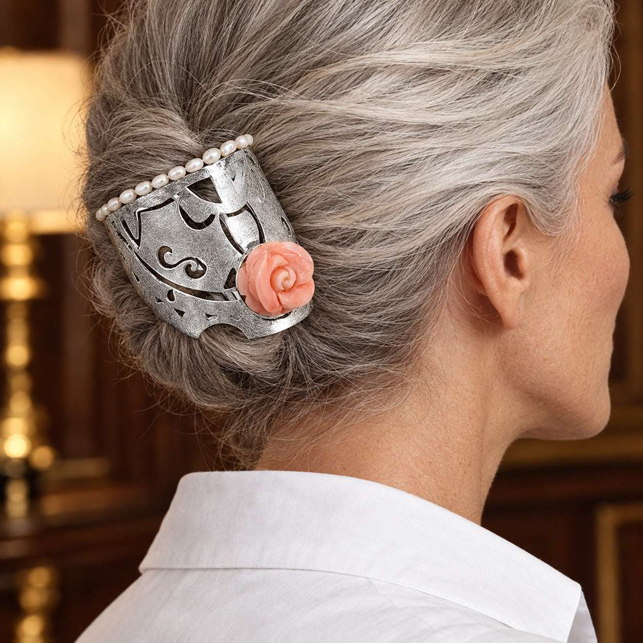 Model wearing the Lesunja Playful Coral Rose Pearl Sterling Silver Hair Comb by Lesunja Fine Jewellery – AI-generated visualisation