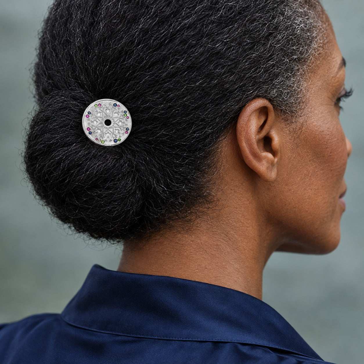 Model wearing the Lesunja Modern Colorful Sterling Silver Hair Stick by Lesunja Fine Jewellery – AI-generated visualisation