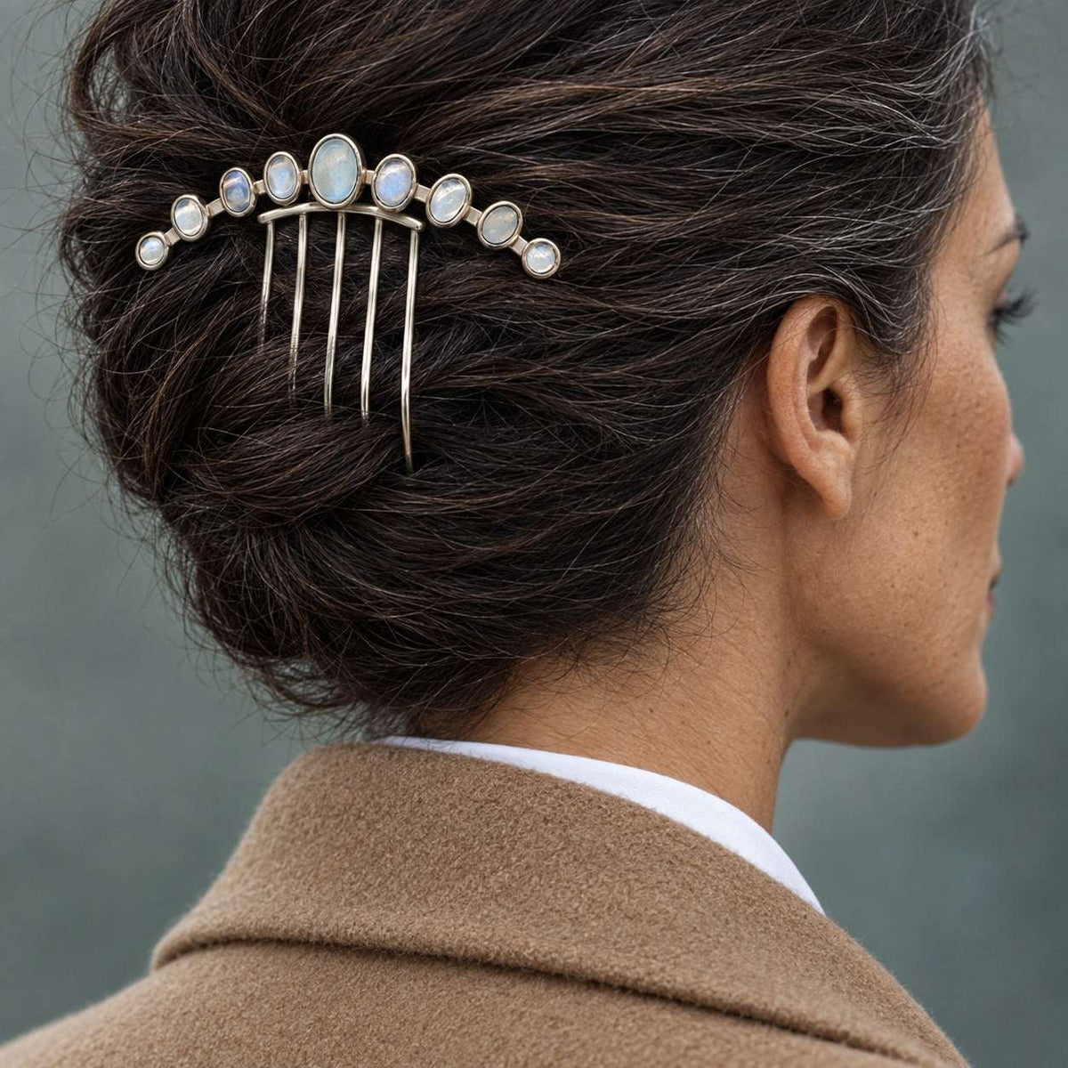 Model wearing the Lesunja Elegance Moonstones Sterling Silver Gold Hair Comb by Lesunja Fine Jewellery – AI-generated visualisation