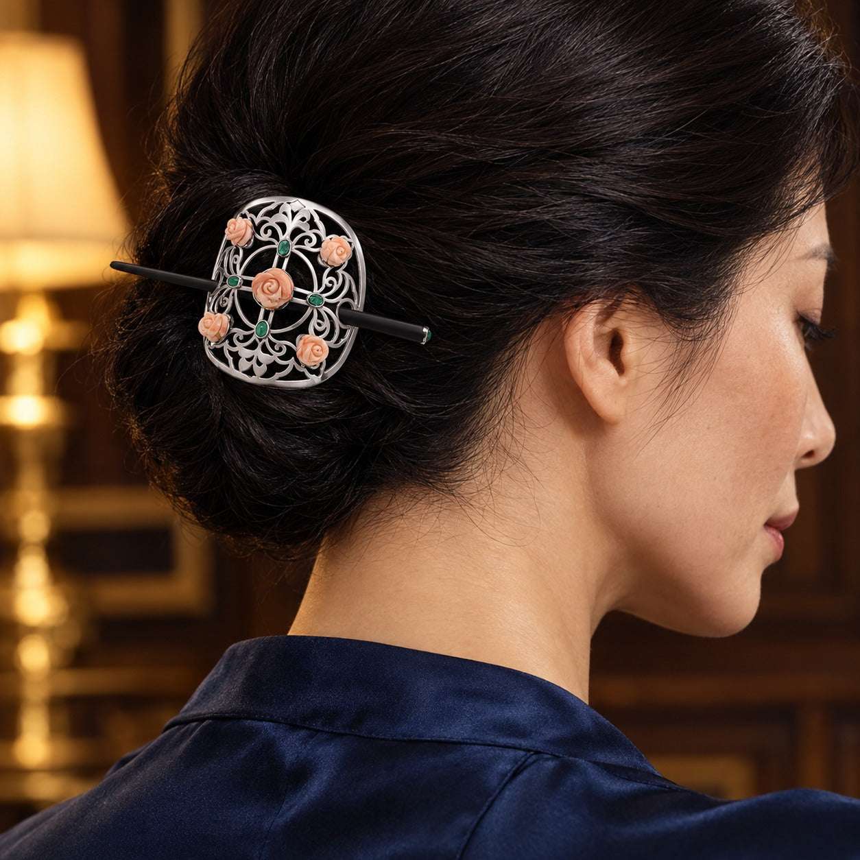 Model wearing the Lesunja Precious Coral Rose Emeralds Sterling Silver Hair Clip by Lesunja Fine Jewellery – AI-generated visualisation