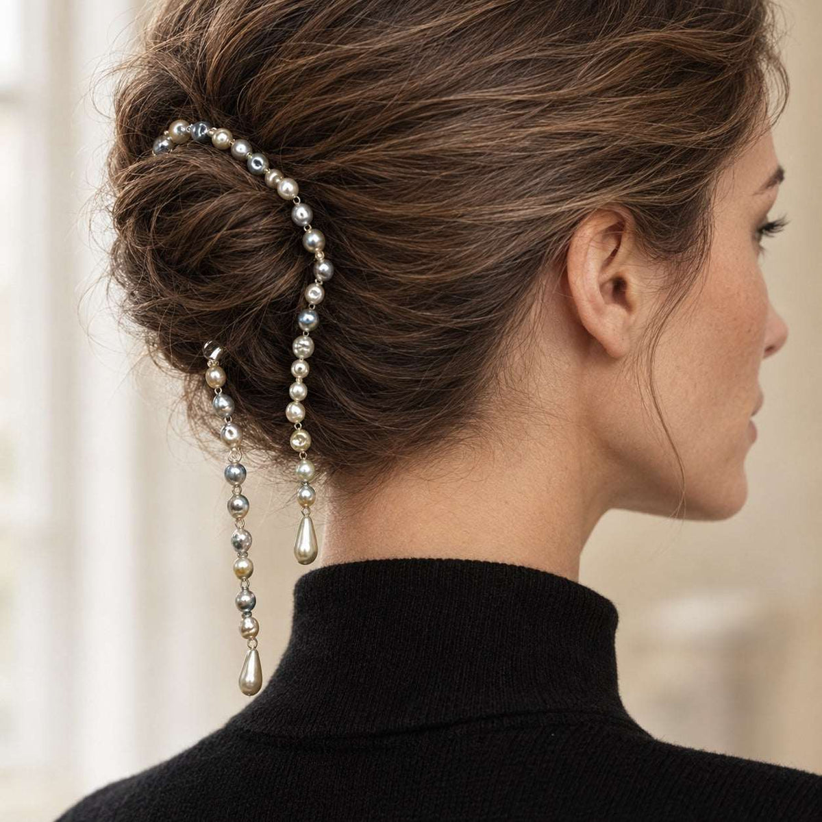 Model wearing the Lesunja Hidden Secrets Romance Silver Pearls Headband by Lesunja Fine Jewellery – AI-generated visualisation