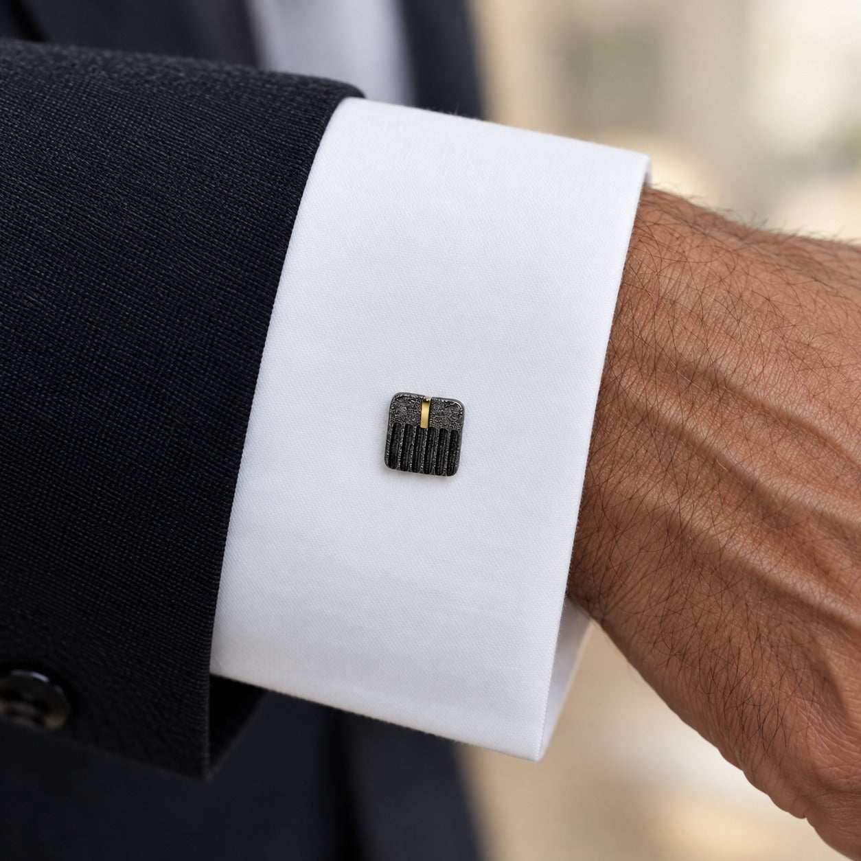 Model wearing the Lesunja Sepia Style Black Silver Cufflinks by Lesunja Fine Jewellery – AI-generated visualisation