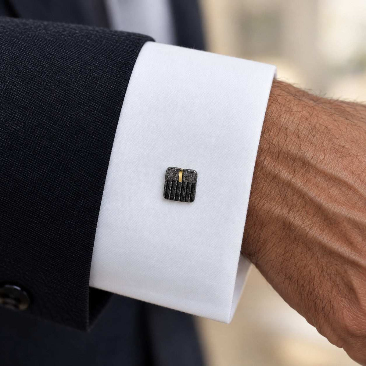 Model wearing the Lesunja Sepia Style Black Silver Cufflinks by Lesunja Fine Jewellery – AI-generated visualisation