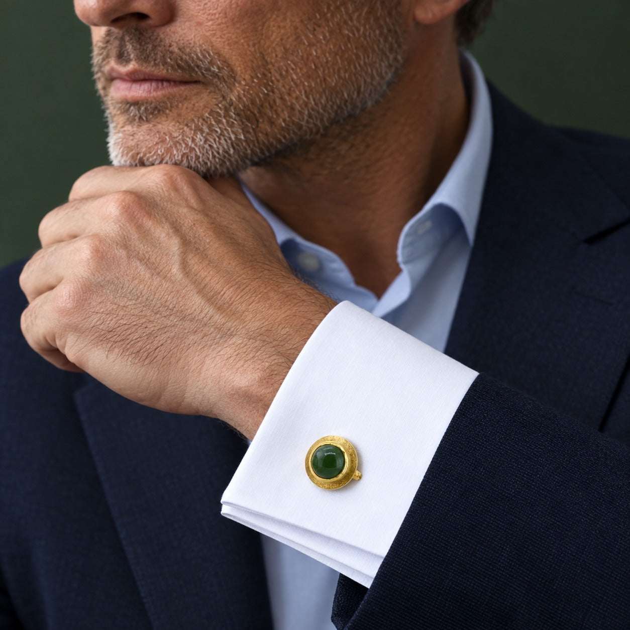 Model wearing the Lesunja Yellow Gold Cufflinks Green Jade by Lesunja Fine Jewellery – AI-generated visualisation
