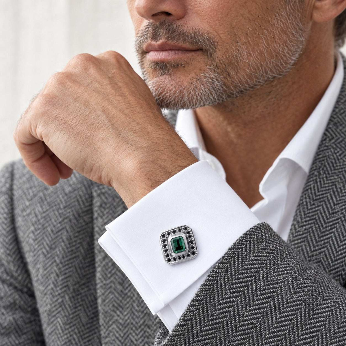 Model wearing the Lesunja Loch Ness Tourmalines White Gold Black Diamond Cufflinks by Lesunja Fine Jewellery – AI-generated visualisation