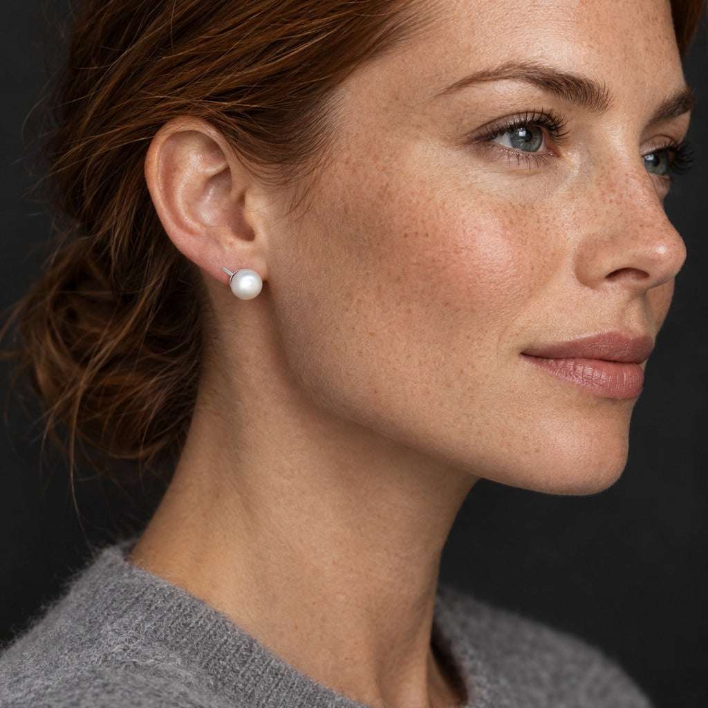 Model wearing the Lesunja Ear Studs White Gold Akoya Pearls by Lesunja Fine Jewellery – AI-generated visualisation