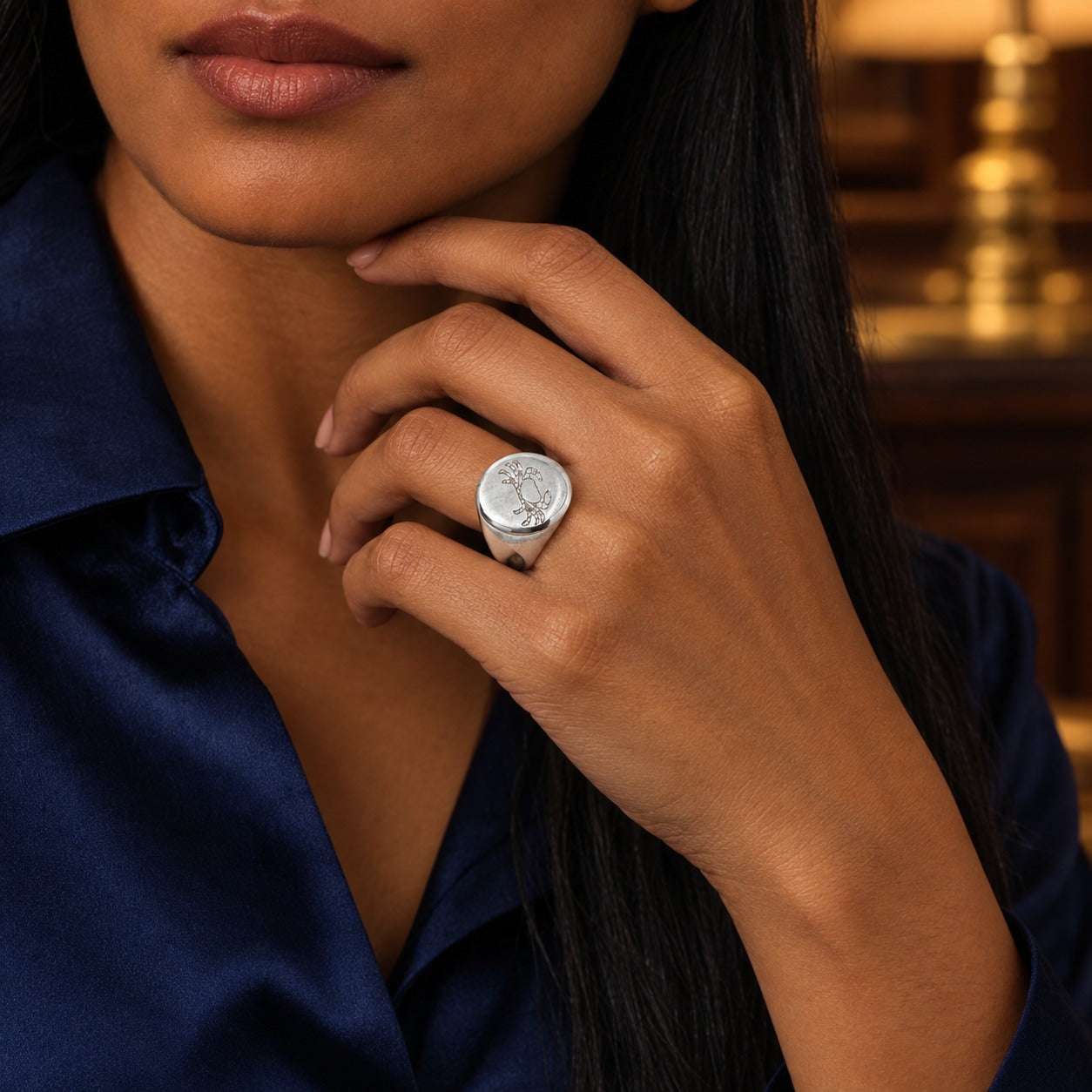 Model wearing the Lesunja Zodiac Cancer Silver Ring by Lesunja Fine Jewellery – AI-generated visualisation