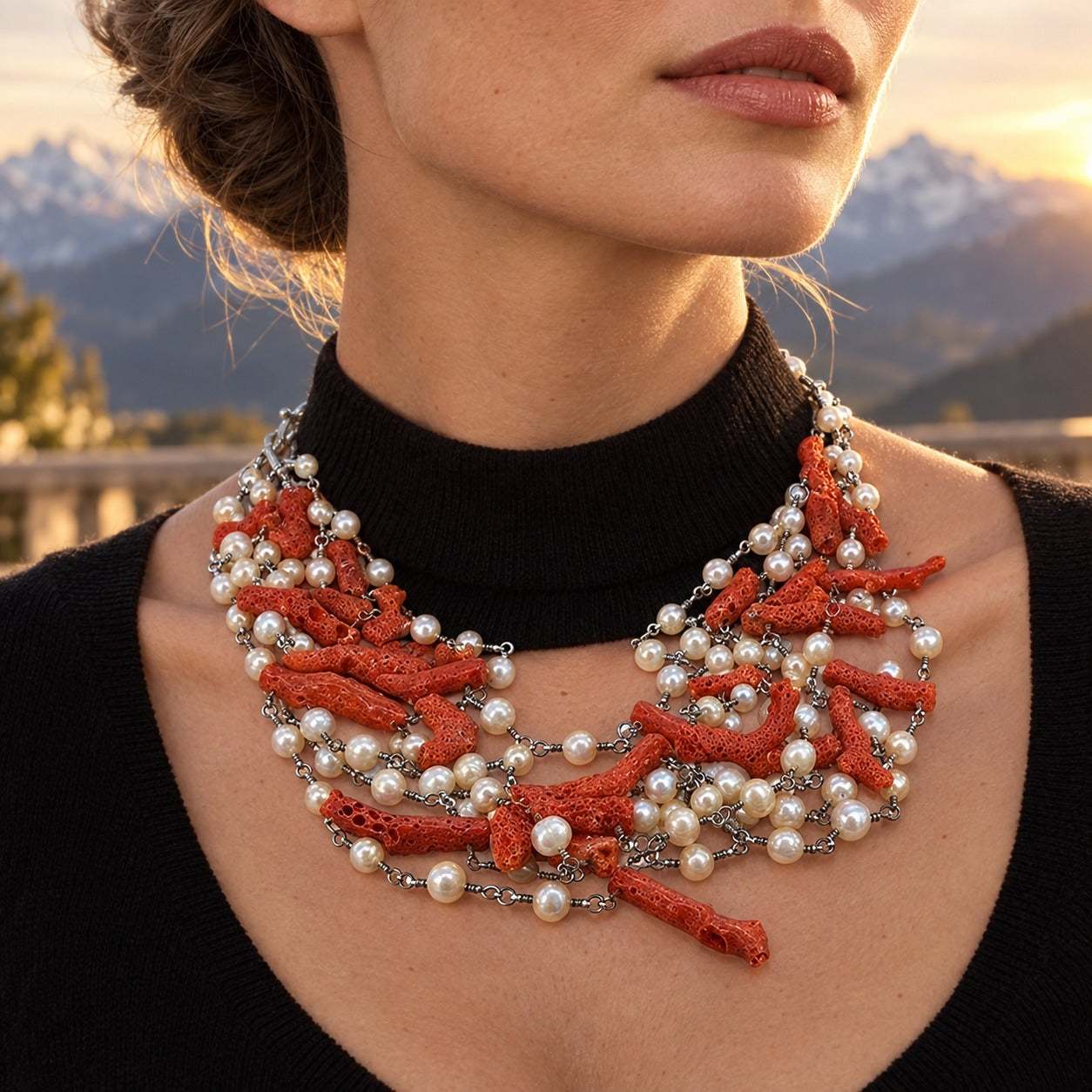 Model wearing the Lesunja Ocean Coral Pearl Silver Necklace by Lesunja Fine Jewellery – AI-generated visualisation