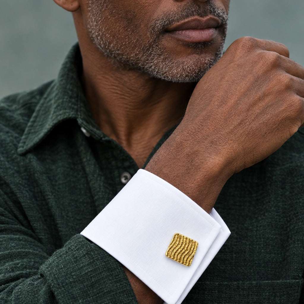 Model wearing the Lesunja Yellow Gold Cufflinks Sepia by Lesunja Fine Jewellery – AI-generated visualisation