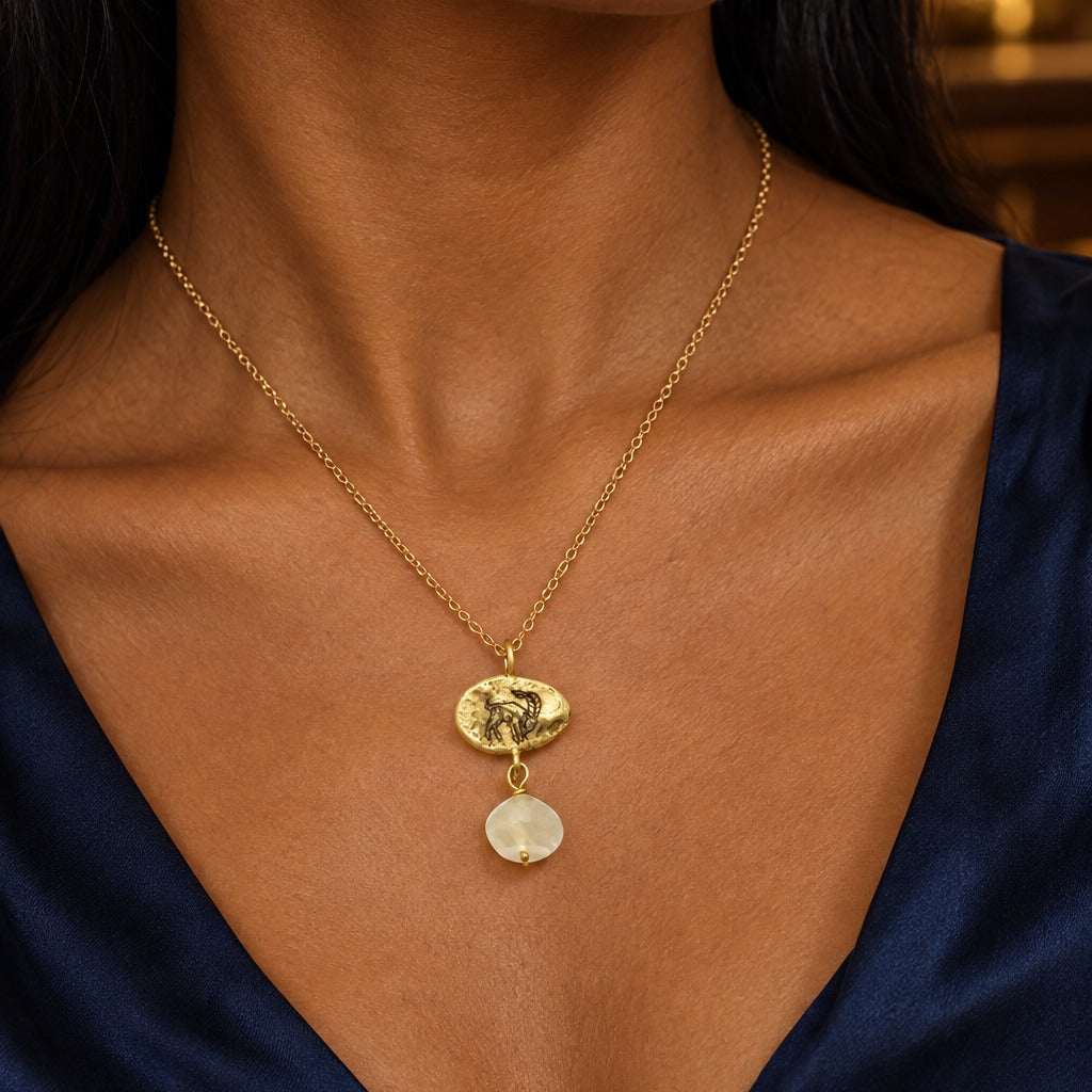 Model wearing the Lesunja Zodiac Capricorn Gold Pendant by Lesunja Fine Jewellery – AI-generated visualisation