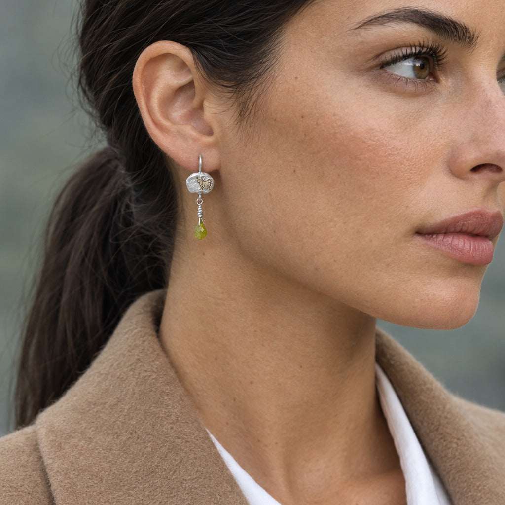 Model wearing the Lesunja Zodiac Taurus Earrings by Lesunja Fine Jewellery – AI-generated visualisation