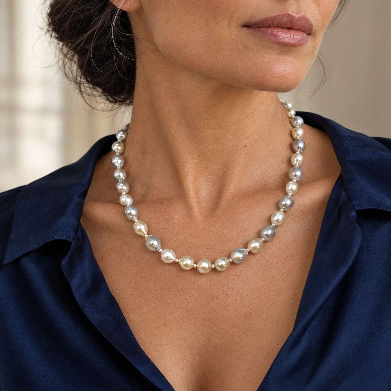Model wearing the Lesunja Blue Akoya Pearl Necklace White Silk by Lesunja Fine Jewellery – AI-generated visualisation