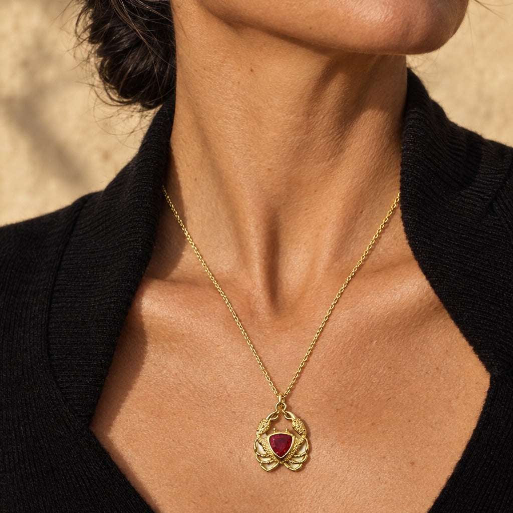 Model wearing the Lesunja Ocean XXY Cancer Necklace Yellow Gold Fire Opal by Lesunja Fine Jewellery – AI-generated visualisation