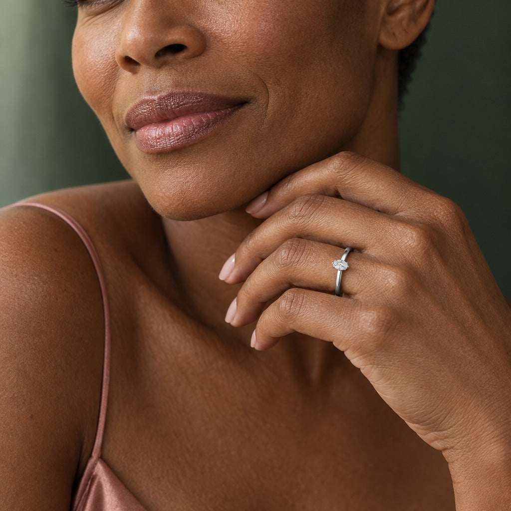 Model wearing the Lesunja Platinum Diamond Solitaire Ring by Lesunja Fine Jewellery – AI-generated visualisation
