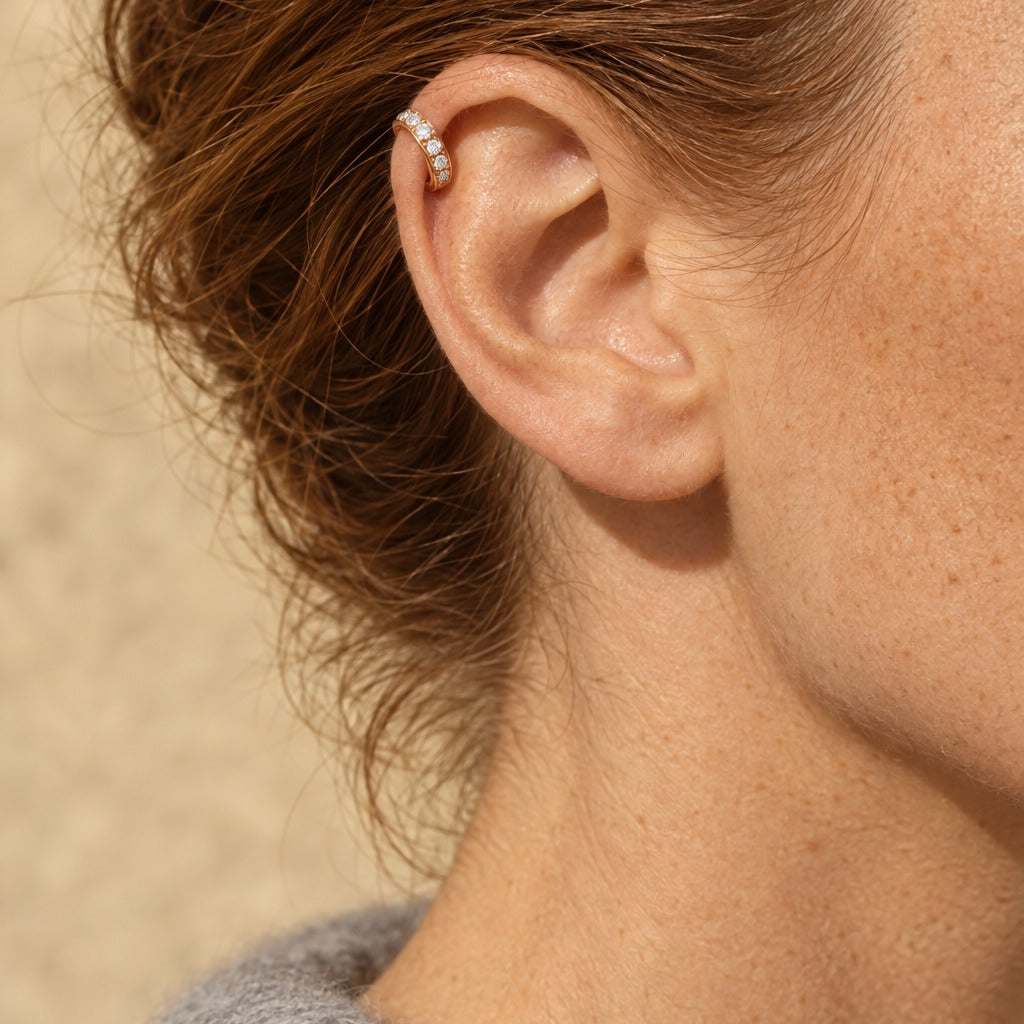 Model wearing the Lesunja Rose Gold Diamond Earrings by Lesunja Fine Jewellery – AI-generated visualisation
