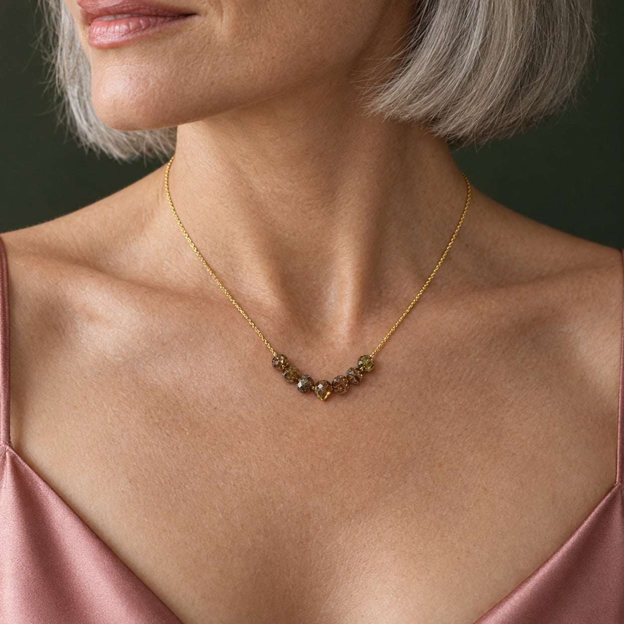 Model wearing the Lesunja Jet Set New York Collection Yellow Diamond Necklace by Lesunja Fine Jewellery – AI-generated visualisation