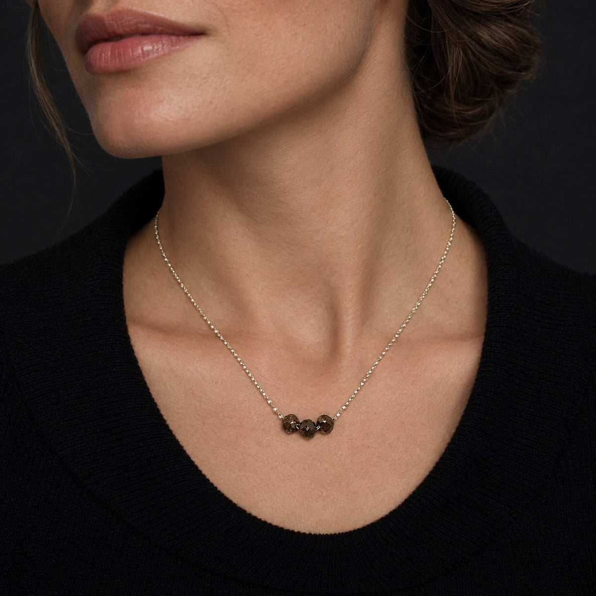 Model wearing the Lesunja Jet Set New York Collection 6ct Diamond Necklace by Lesunja Fine Jewellery – AI-generated visualisation
