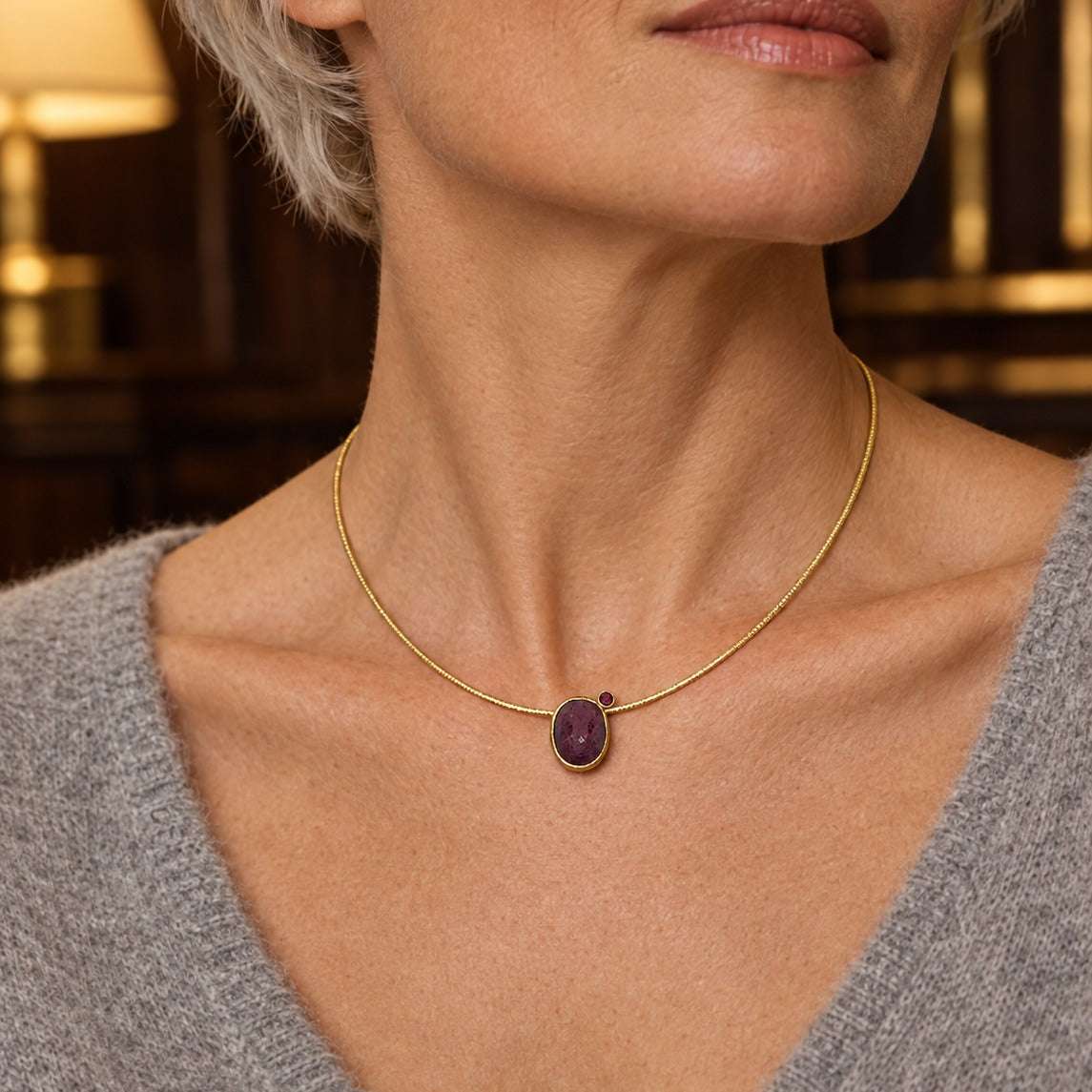 Model wearing the Lesunja Season La Vie Collection Ruby Necklace by Lesunja Fine Jewellery – AI-generated visualisation