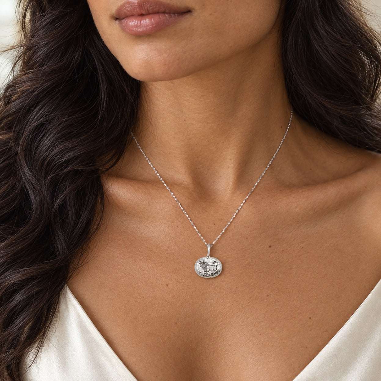 Model wearing the Lesunja Zodiac Collection Taurus White Gold Pendant by Lesunja Fine Jewellery – AI-generated visualisation