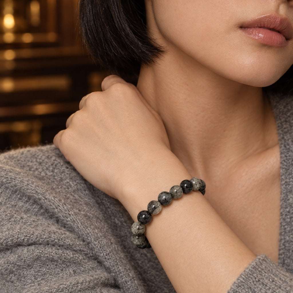 Model wearing the Lesunja Black Rutilated Quartz Bracelet by Lesunja Fine Jewellery – AI-generated visualisation