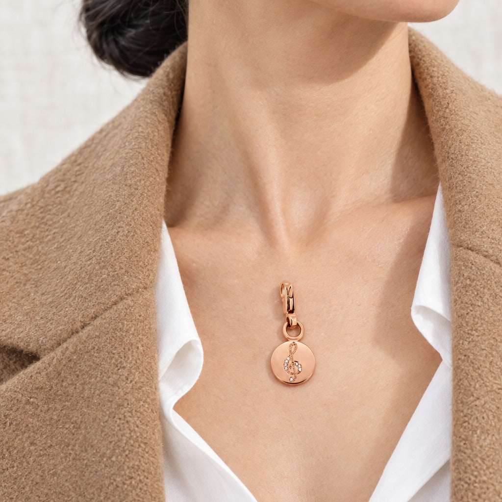 Model wearing the Lesunja Music Was My First Love Le Nozze Di Figaro Rose Gold Charm by Lesunja Fine Jewellery – AI-generated visualisation