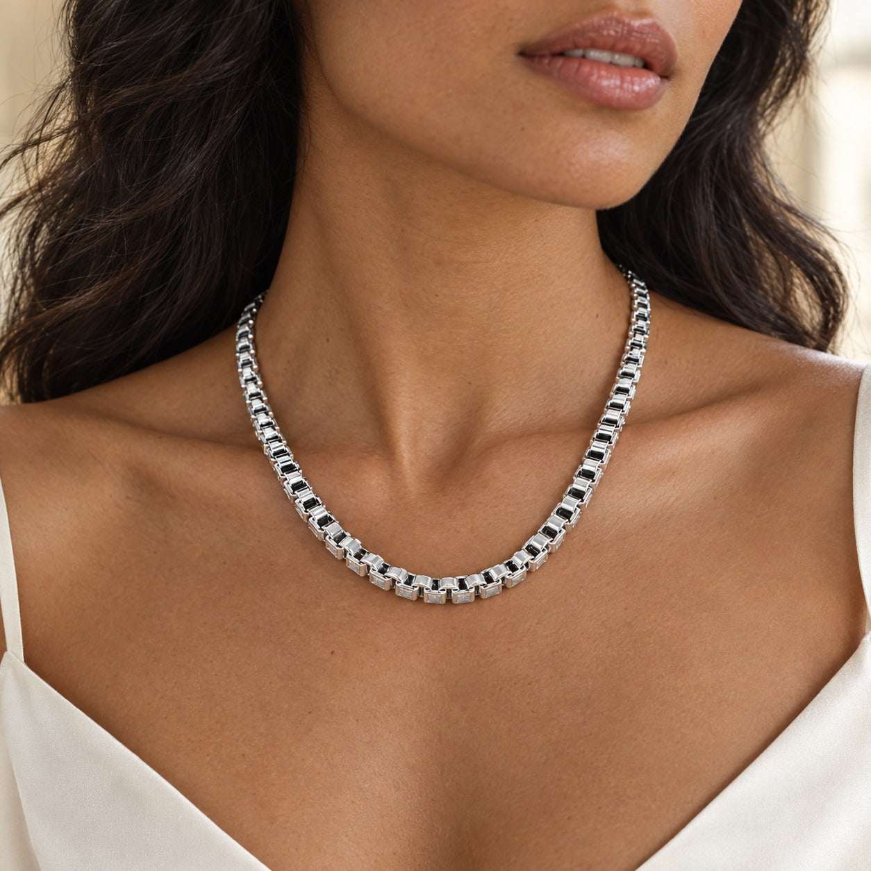 Model wearing the Lesunja 925 Sterling Silver Necklace by Lesunja Fine Jewellery – AI-generated visualisation