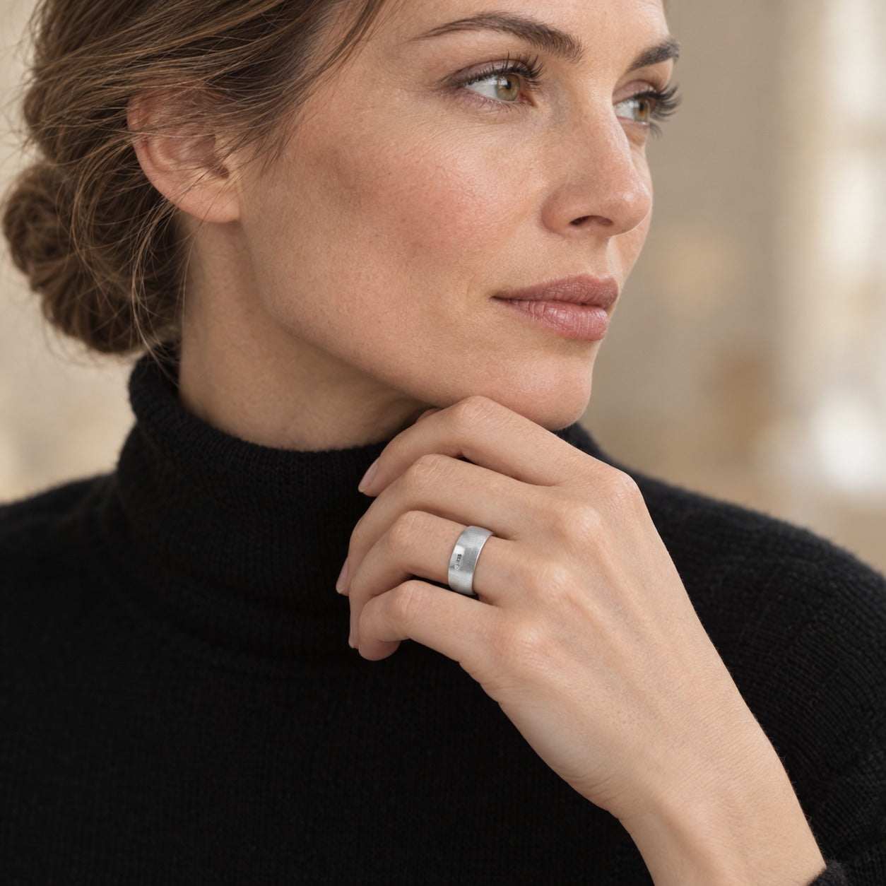 Model wearing the Lesunja Silver Oval Rings by Lesunja Fine Jewellery – AI-generated visualisation