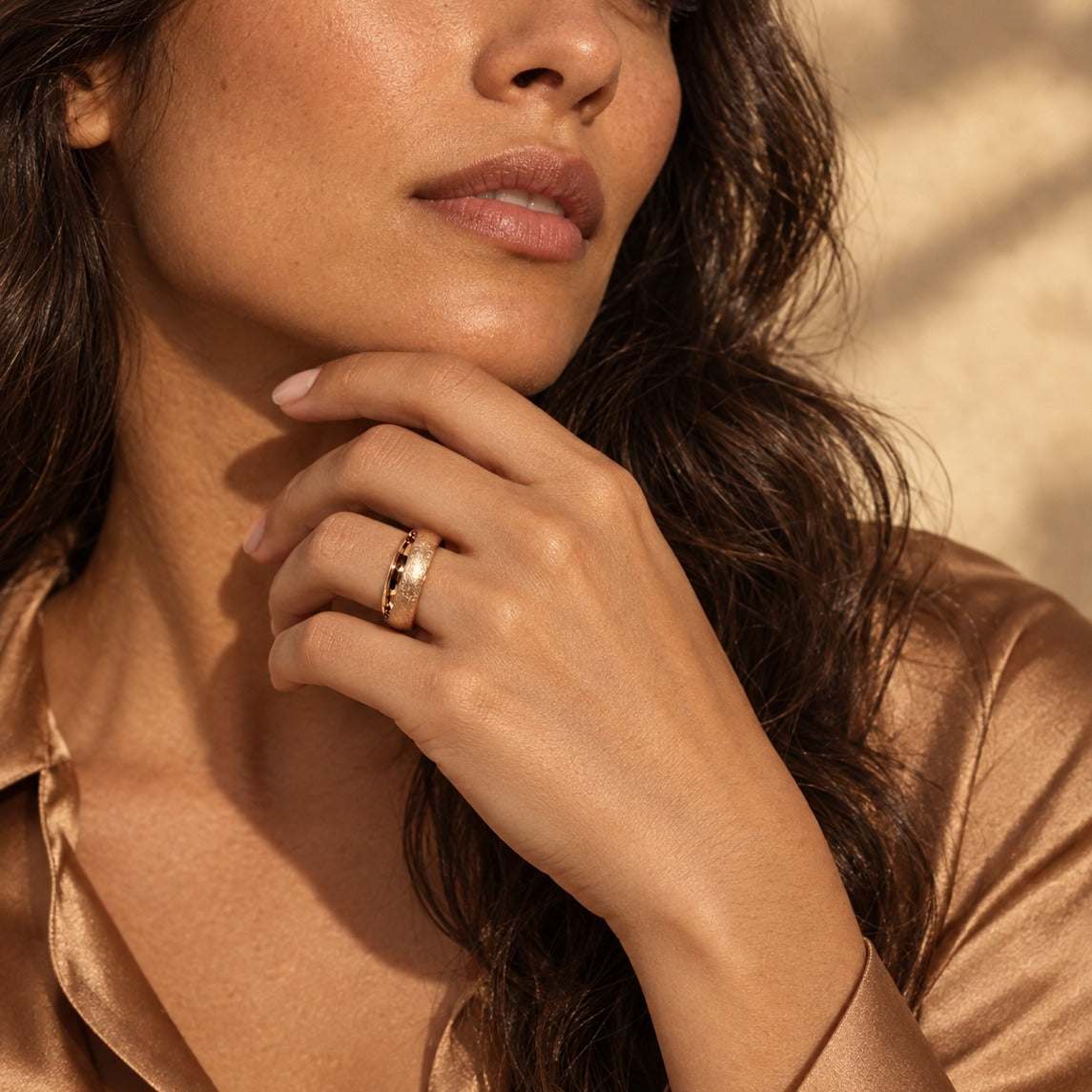 Model wearing the Lesunja Rose Gold Wedding Ring oval by Lesunja Fine Jewellery – AI-generated visualisation