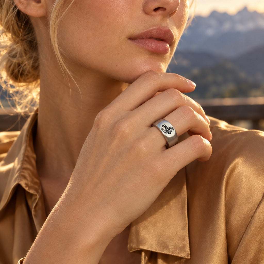 Model wearing the Lesunja Zodiac Scorpio Steel Ring by Lesunja Fine Jewellery – AI-generated visualisation