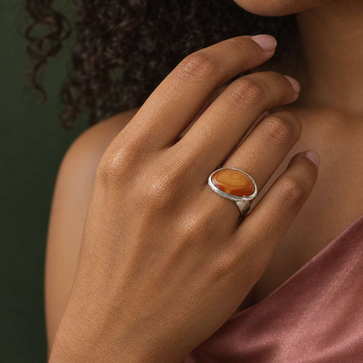 Model wearing the Lesunja Silver Agate Rings by Lesunja Fine Jewellery – AI-generated visualisation