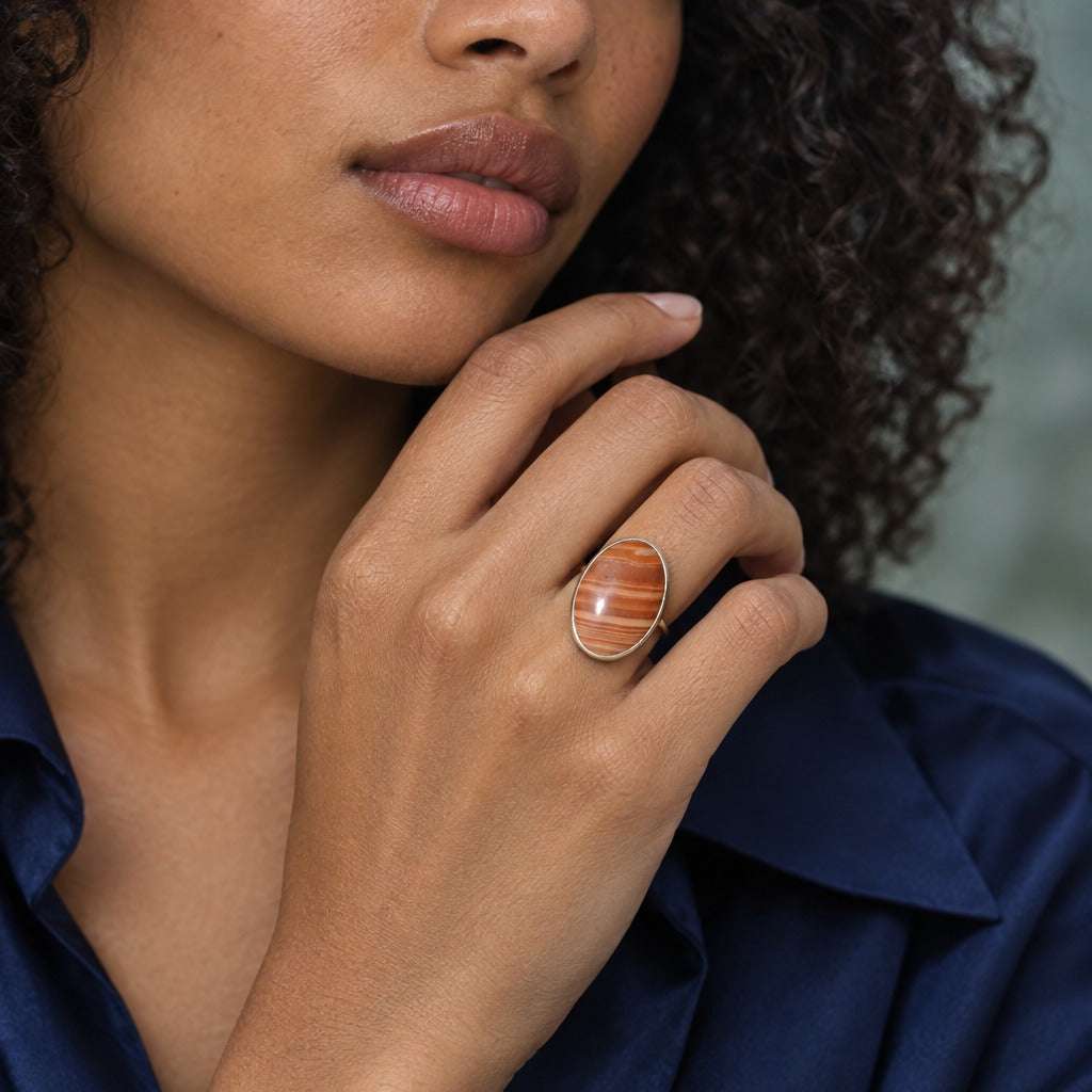 Model wearing the Lesunja Ailver Agate Ring by Lesunja Fine Jewellery – AI-generated visualisation