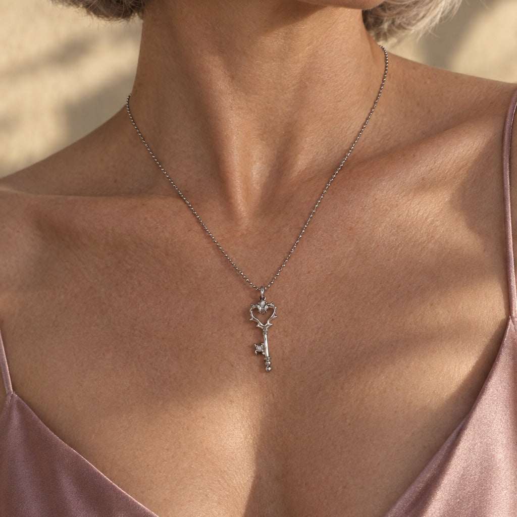 Model wearing the Lesunja Delicate Key Diamond White Gold Pendant by Lesunja Fine Jewellery – AI-generated visualisation