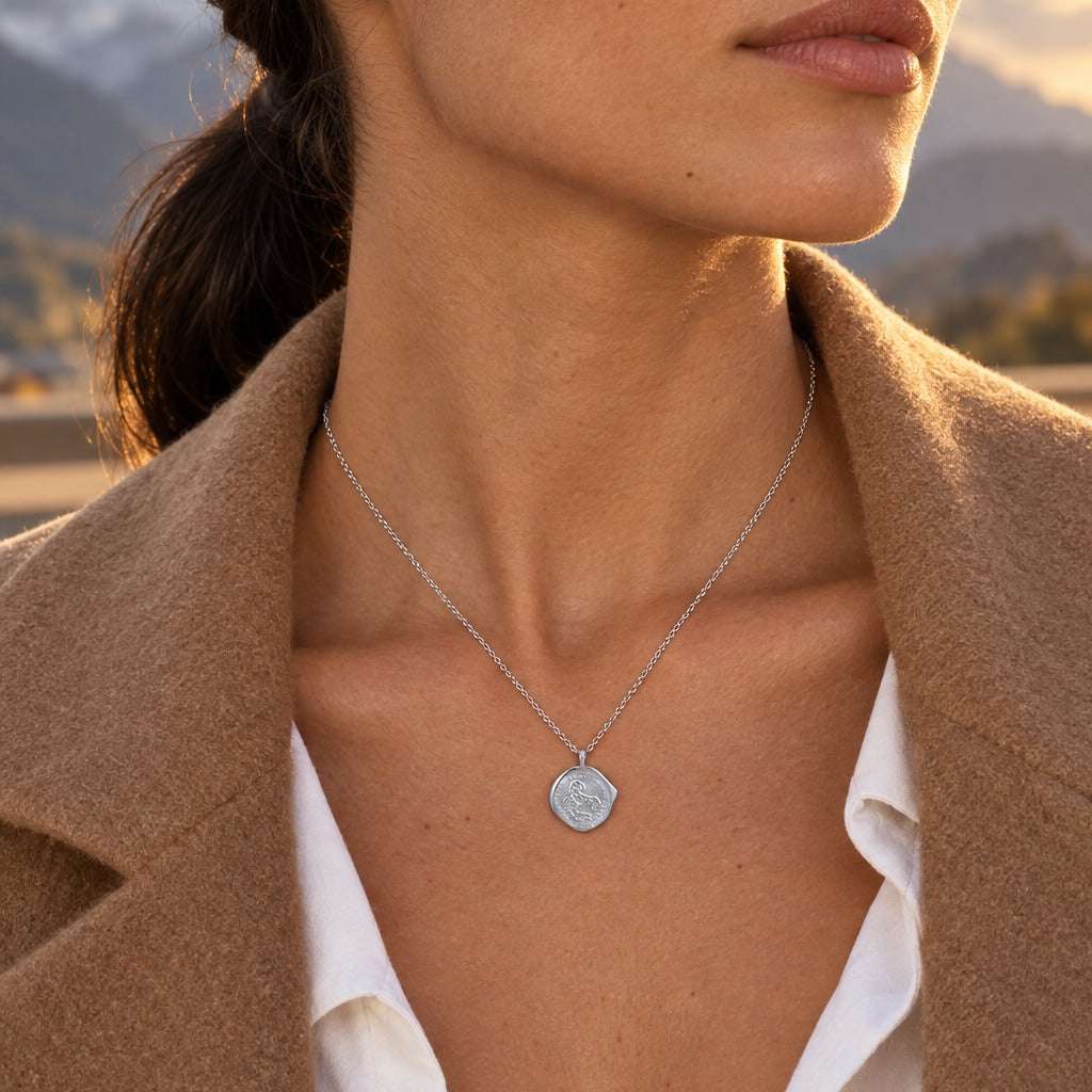 Model wearing the Lesunja Zodiac Scorpio Silver Necklace by Lesunja Fine Jewellery – AI-generated visualisation