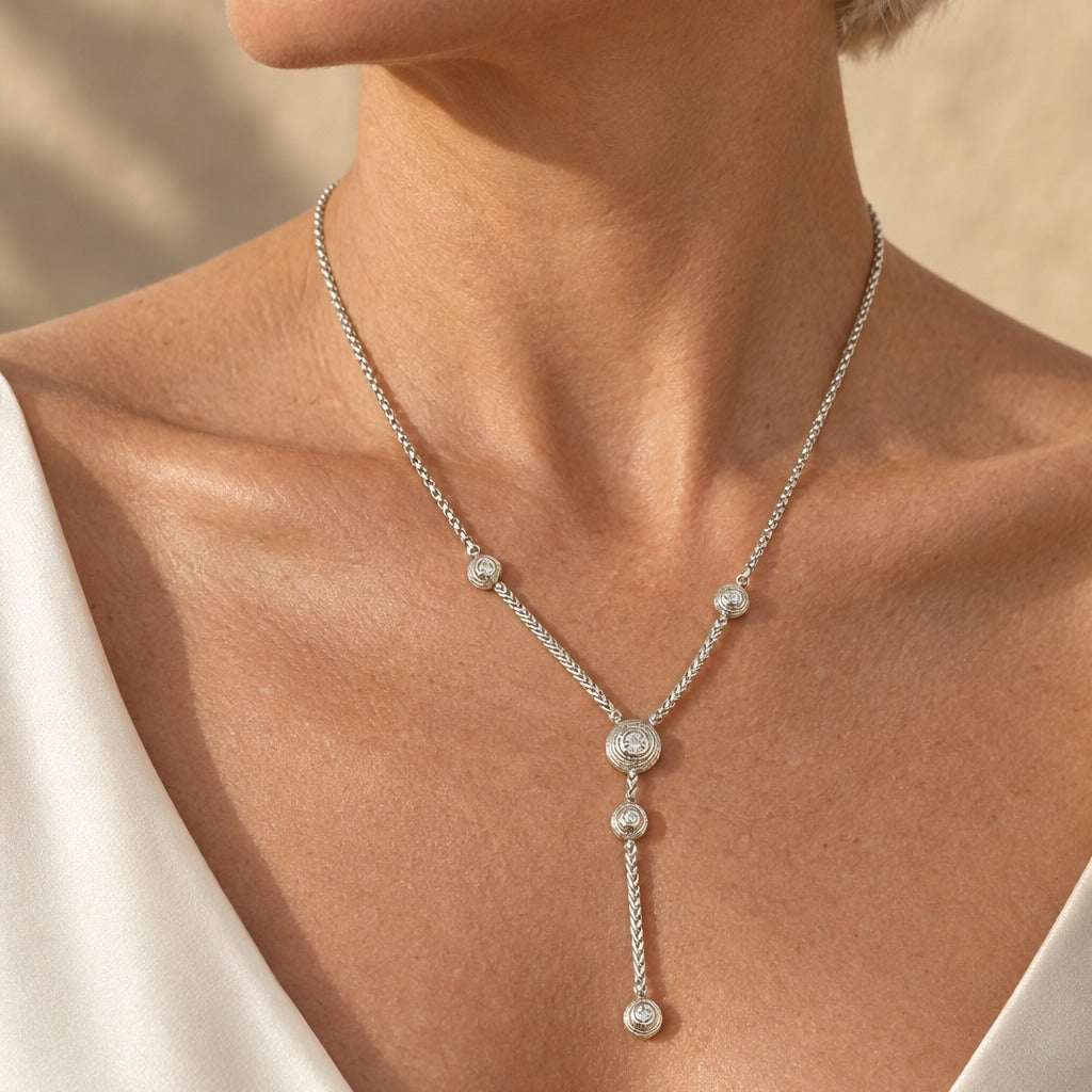 Model wearing the Lesunja Zodiac Cancer Star Constellation Silver Necklace by Lesunja Fine Jewellery – AI-generated visualisation
