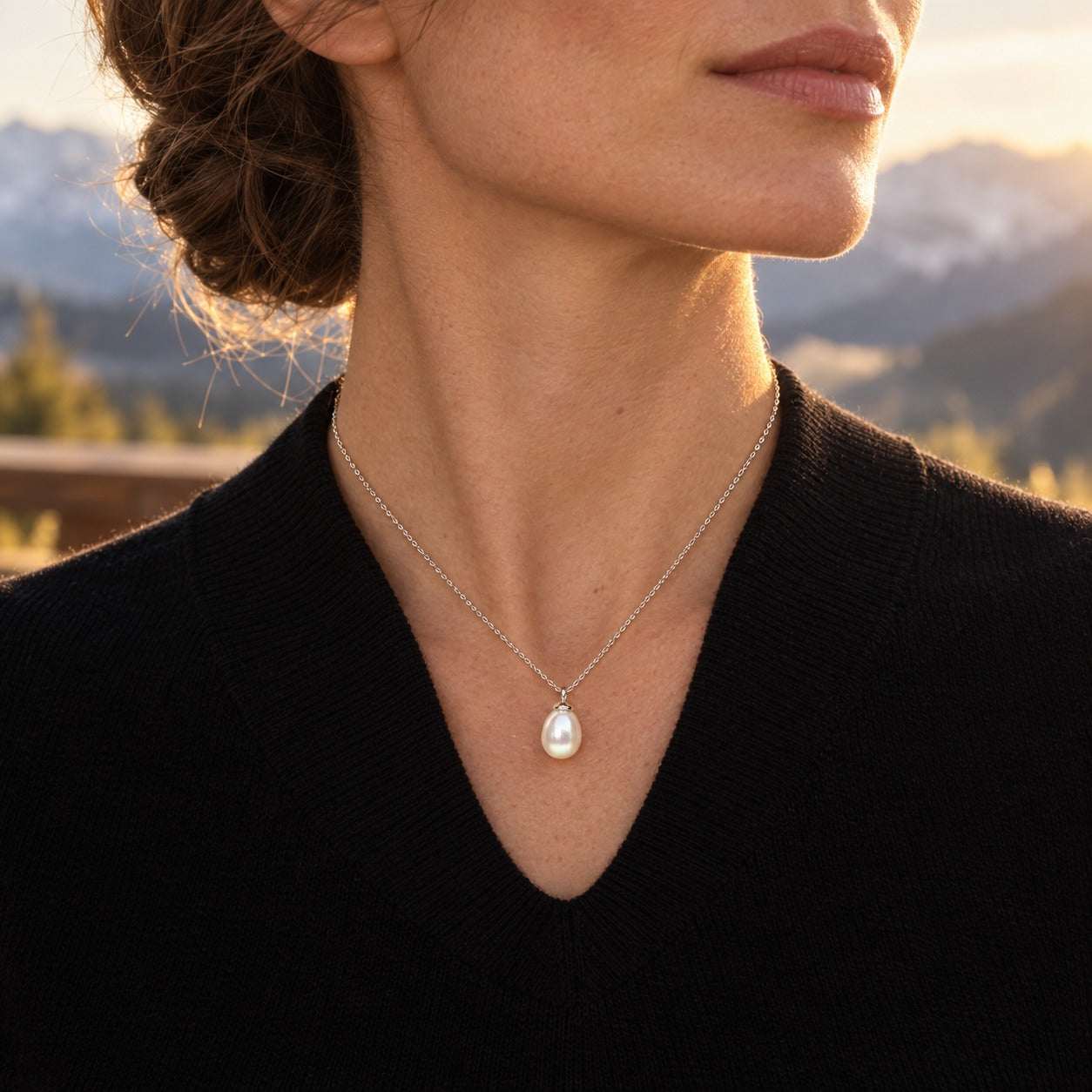 Model wearing the Lesunja White Gold Fresh Water Pearl Necklace by Lesunja Fine Jewellery – AI-generated visualisation