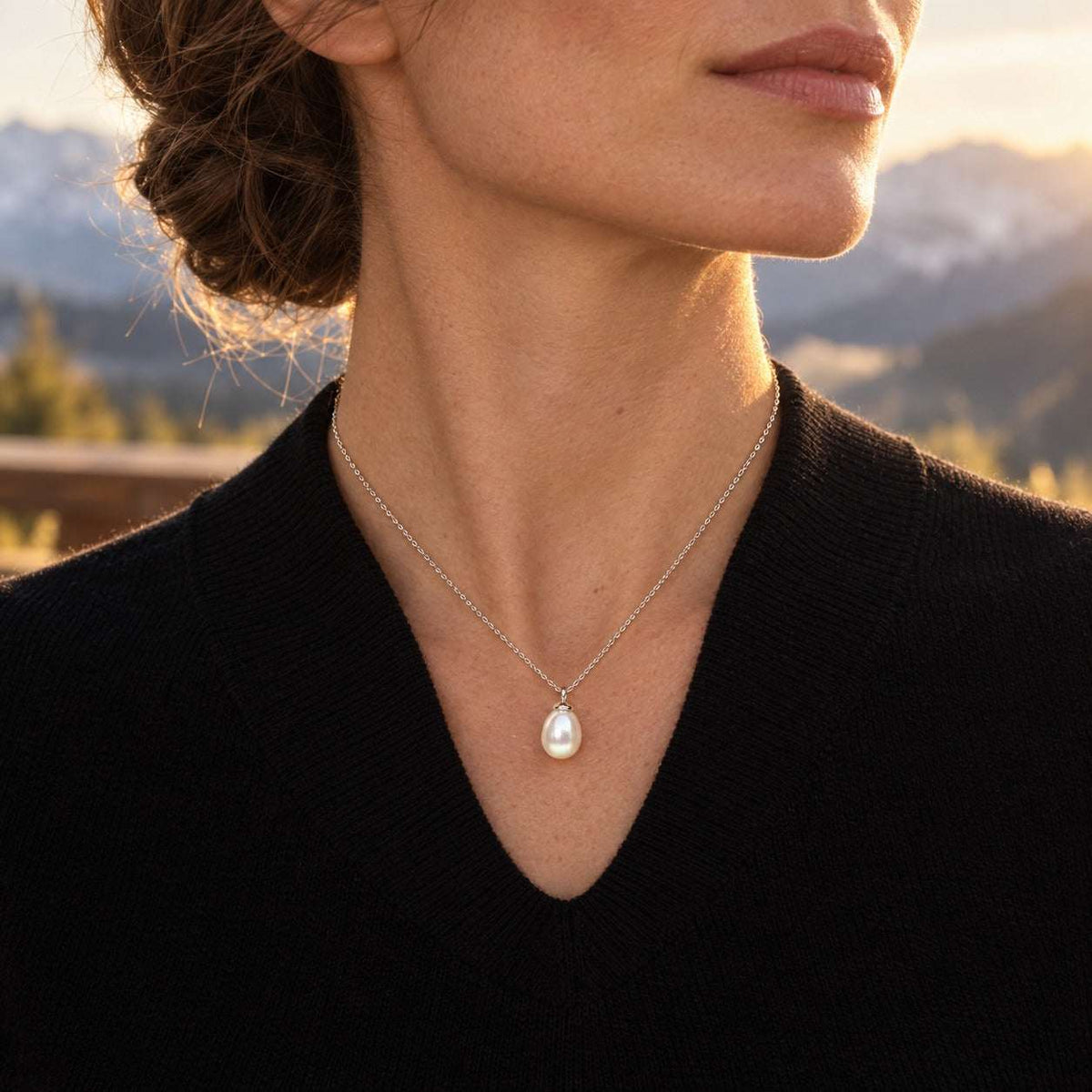 Model wearing the Lesunja White Gold Fresh Water Pearl Necklace by Lesunja Fine Jewellery – AI-generated visualisation