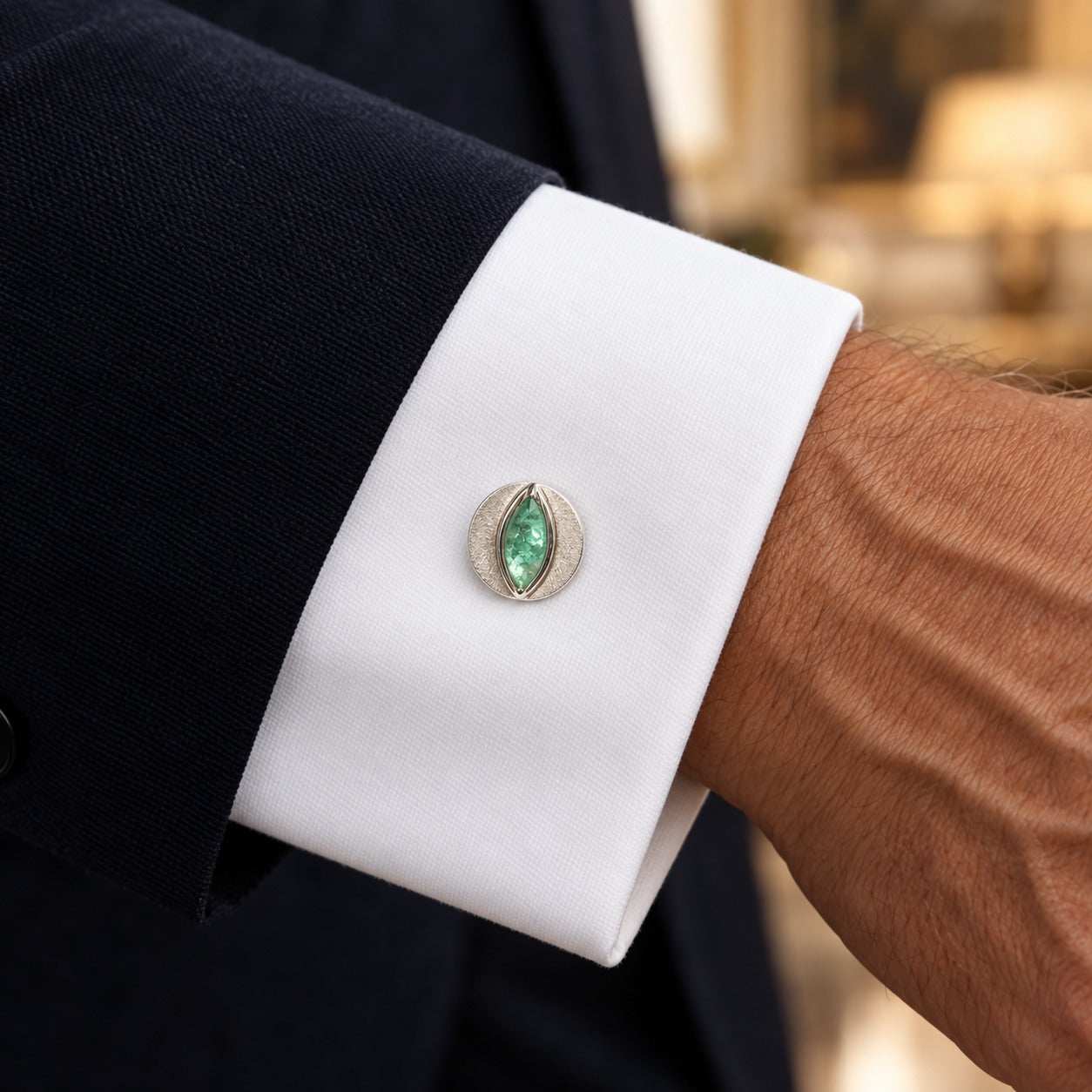 Model wearing the Lesunja Cufflinks Silver Emerald by Lesunja Fine Jewellery – AI-generated visualisation