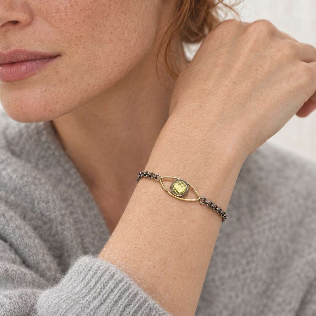 Model wearing the Lesunja Petite Fleur Silver Yellow Gold Lemon Citrine by Lesunja Fine Jewellery – AI-generated visualisation