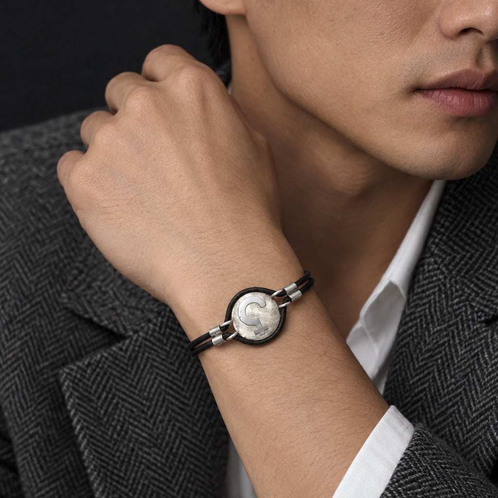 Model wearing the Lesunja Silver Leather Bracelet Saturn by Lesunja Fine Jewellery – AI-generated visualisation