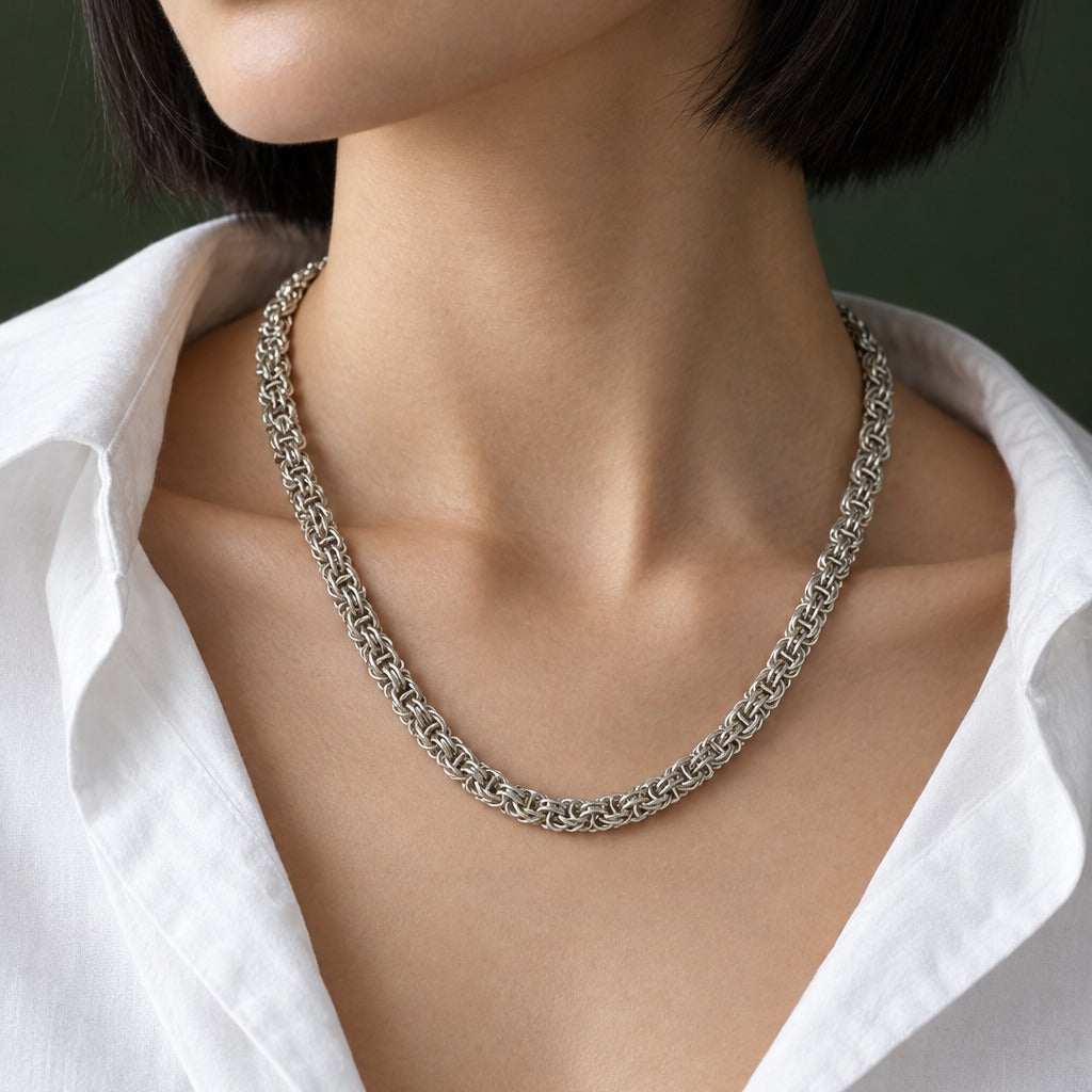 Model wearing the Lesunja Sterling Silver 77cm Long Elongated Box Chain by Lesunja Fine Jewellery – AI-generated visualisation