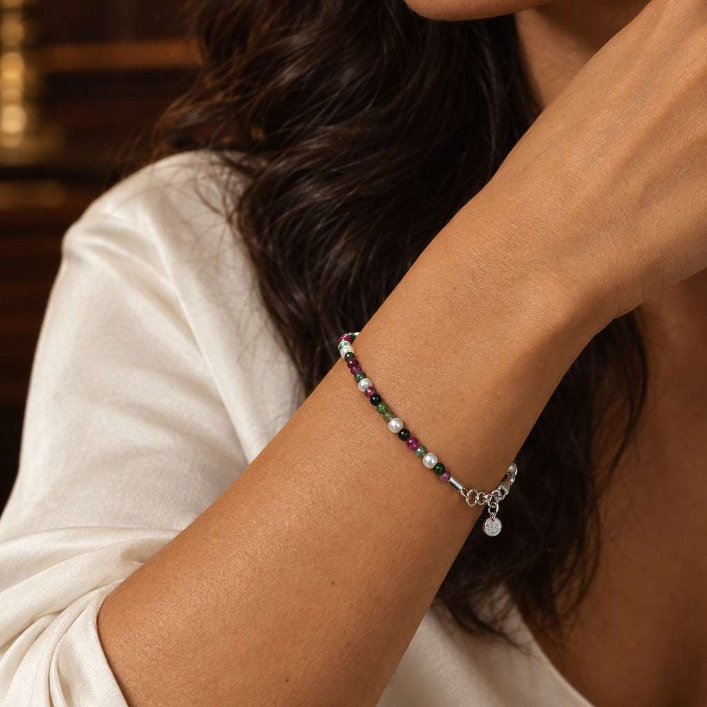 Model wearing the Lesunja Bracelet White Gold Ruby, Pearls & Jade Beads by Lesunja Fine Jewellery – AI-generated visualisation