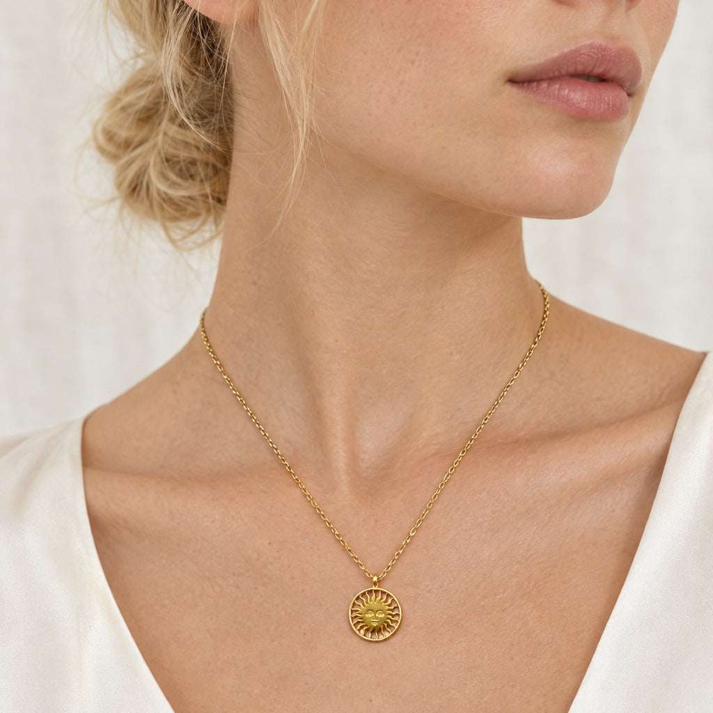Model wearing the Lesunja St. Moritz sun silver gold-plated small by Lesunja Fine Jewellery – AI-generated visualisation