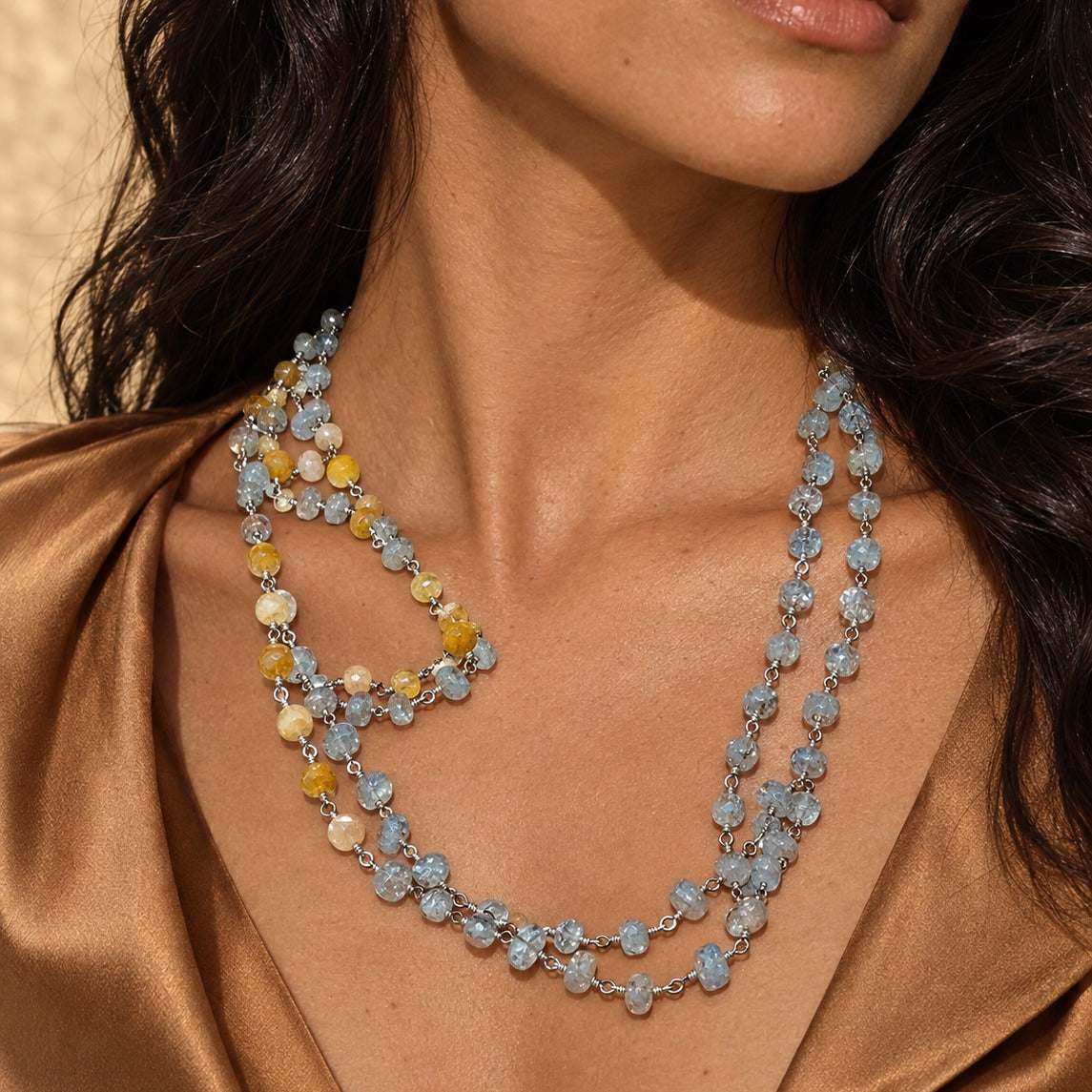 Model wearing the Lesunja Necklace Silver Aquamarine & Agate by Lesunja Fine Jewellery – AI-generated visualisation
